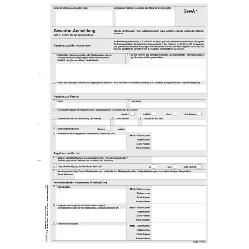 GewA 1 (Gewerbeanmeldung), A4, 100 Stück