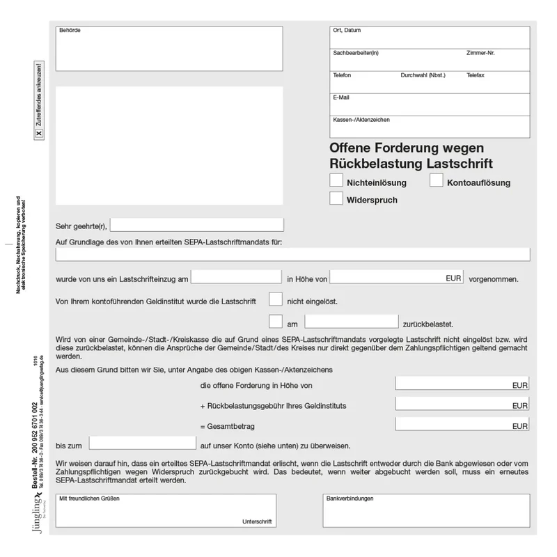 Offene Forderung wegen Rückbelastung, 2/3 DIN A4 2-fach, 2000 Satz