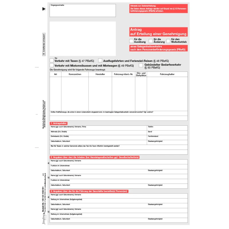 Antrag auf Genehmigung Gelegenheitsverkehr, § 47/48/49/50 PBefG, A4, 2-seitig, 100 Stück