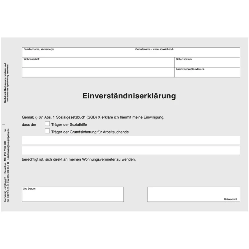 Einverständniserklärung zur direkten Vermieteranfrage, A5, 25 Satz