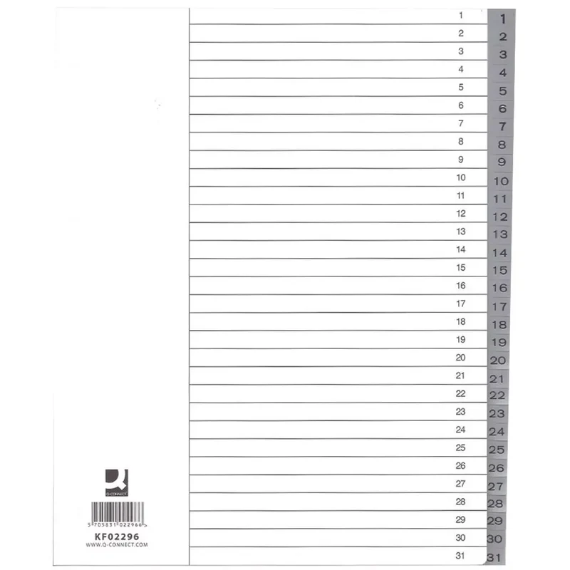 Zahlenregister - 1 - 31, PP, A4 Überbreite, 31 Blatt, grau