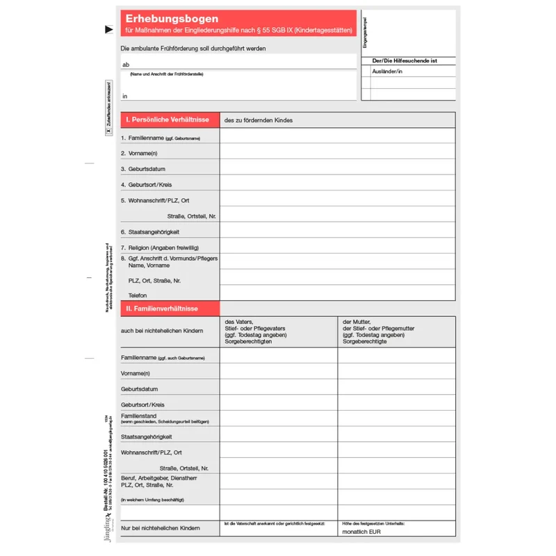 Erhebungsbogen für Maßnahmen der Eingliederungshilfe (§ 30 SGB IX) (Frühförderung), A4, 50 Stück