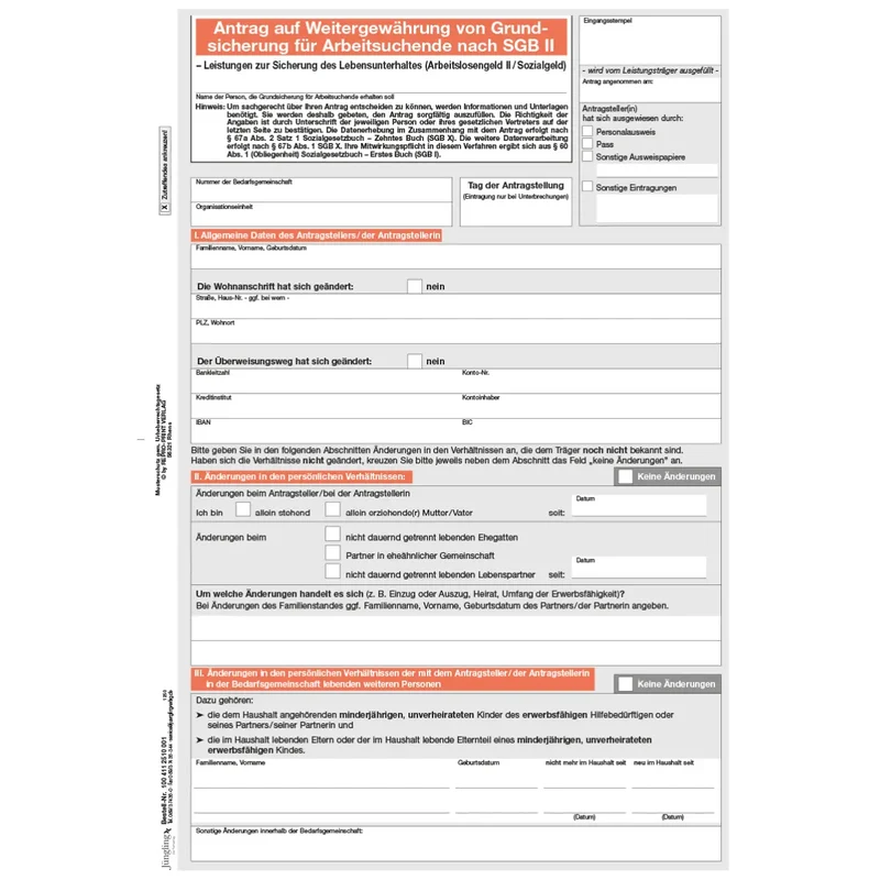 Antrag auf Weitergewährung von Grundsicherung für Arbeitsuchende nach dem SGB II, A4 2-seitig, 1000 Stück