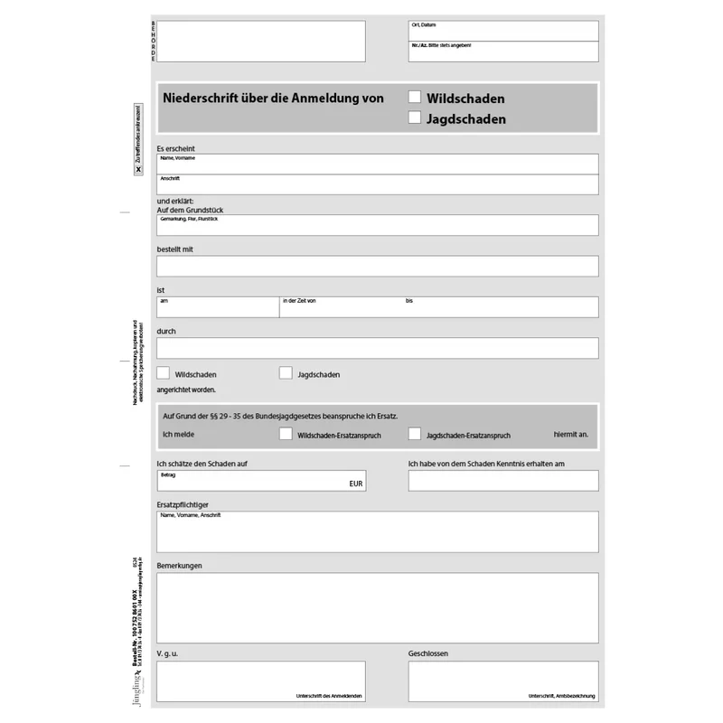 Niederschrift, Anmeldung von Wild- / Jagdschaden, A4, 1fach, CFB, 2000 Stück