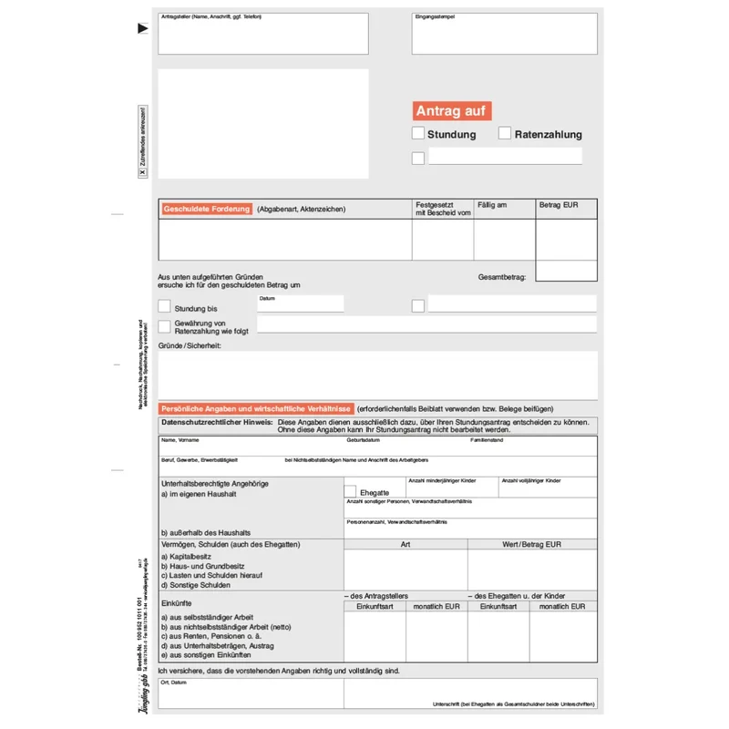 Antrag Stundung / Ermäßigung / Erlass / Ratenzahlung, DIN A4, 100 Stück