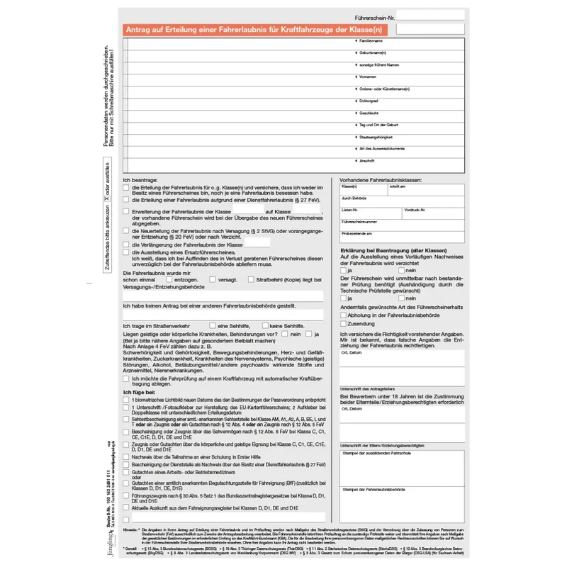 Antrag auf Erteilung/Erweiterung/Verlängerung einer Fahrerlaubnis/Ausstellung Ersatzführerschein, A4, 2-seitig, 50 Stück