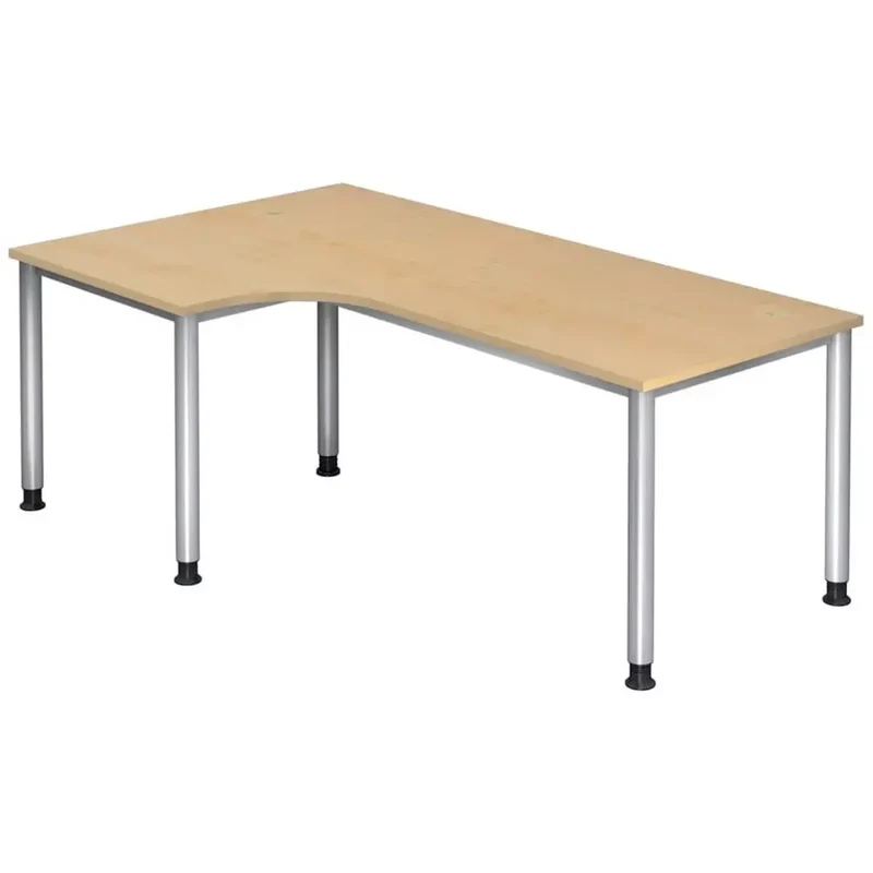 Winkeltisch 4-Fuß-Gestell rund -200 x 68-76 - 120 cm, höhenverstellbar, Winkel 90°, Ahorn/Silber, mit Montageservice