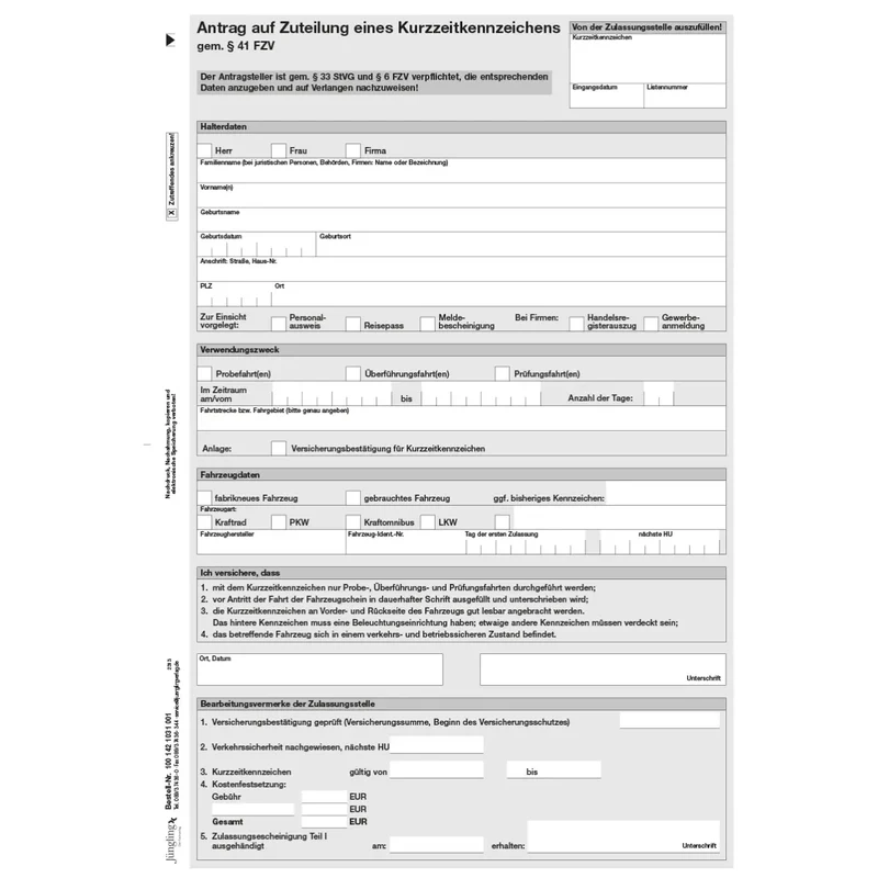 Antrag Zuteilung Kurzzeitkennzeichen, A4, 1-fach, 1000 Stück