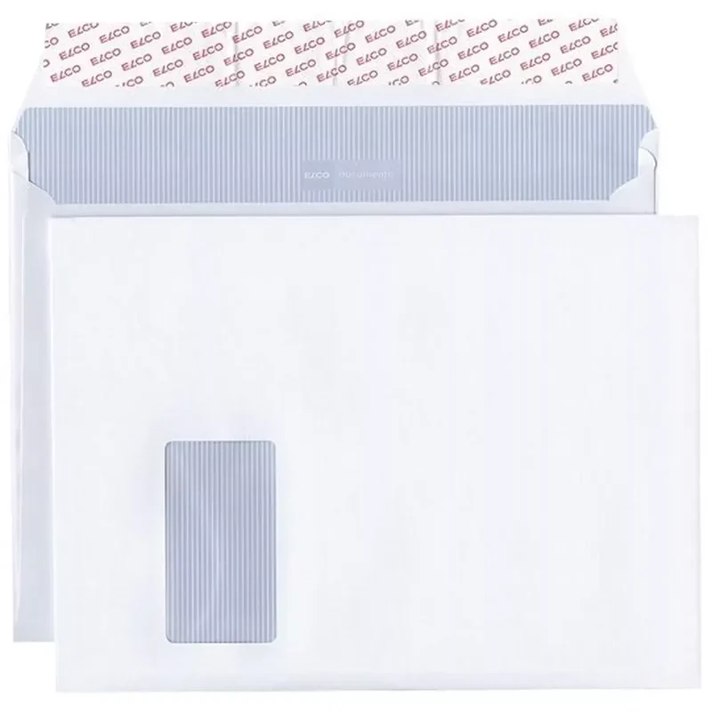 Versandtasche documento - C4 plus, weiß, 120 g/qm, mit Fenster, Haftklebung, 20 mm Seitenfalte