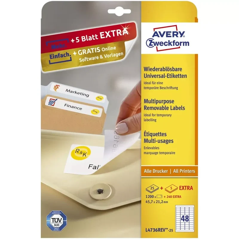 L4736REV-25 Universal-Etiketten - 45,7 x 21,2 mm, weiß, 1.440 Etiketten, wiederablösbar