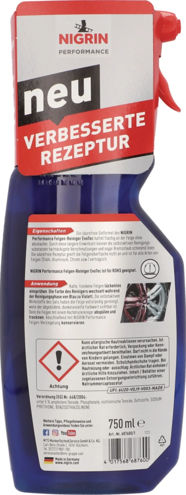 NIGRIN Felgen-Reiniger EvoTec Performance 750 ml Sprühflasche – 7er-Pack, säurefrei, für alle Felgen
