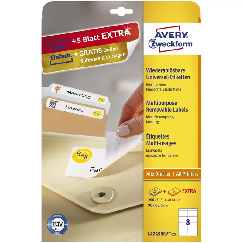 L4745REV-25 Universal-Etiketten - 96 x 63,5 mm, weiß, 240 Etiketten/30 Blatt, wiederablösbar