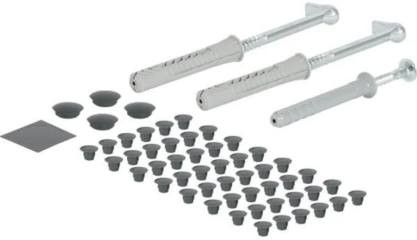 GEBERIT Acanto Befestigungsmaterial für Hochschränke – 8 Deckkappen, 3 Dübel, 2 Haken, 1 Schraube