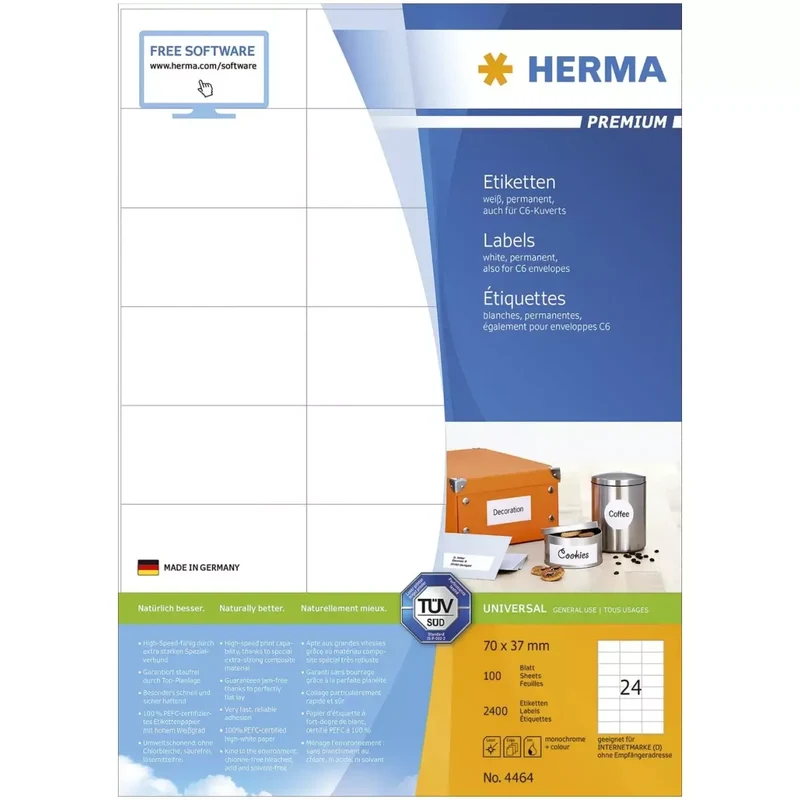 4464 Etiketten Premium A4, weiß 70x37 mm Papier matt 2400 St.