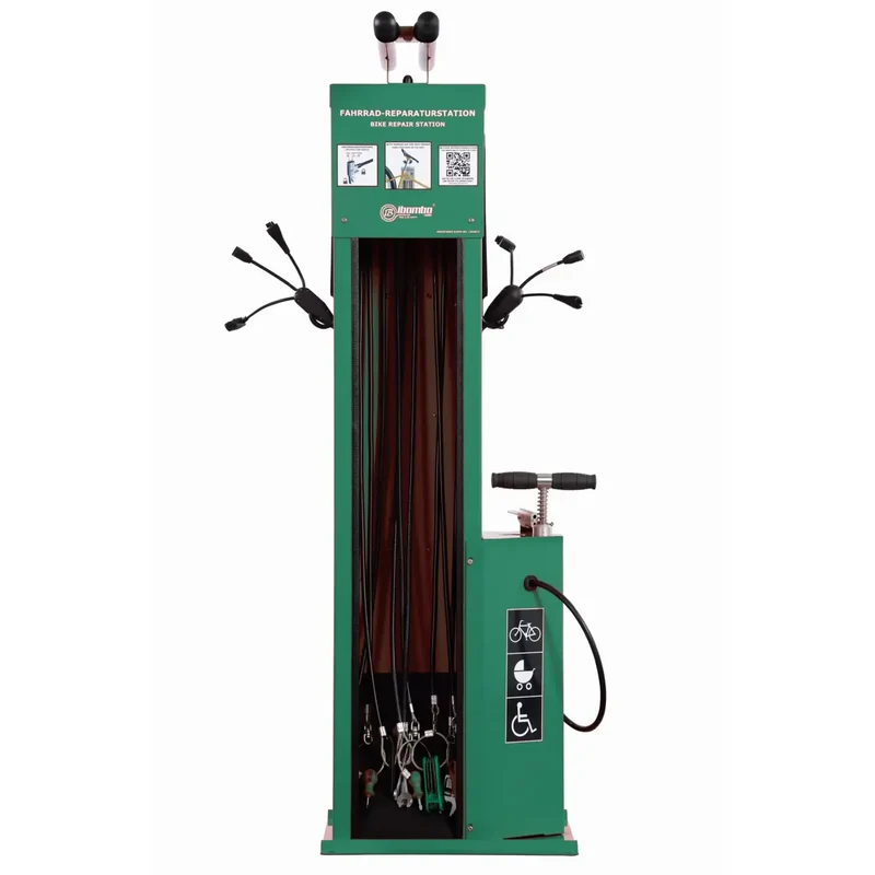 Fahrrad-Reparaturstation mit Kabelset A, pulverbeschichteter verzinkter Stahl in RAL 6005 (grün)