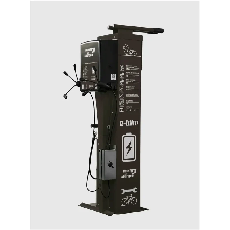 Fahrrad-Reparaturstation mit Kabelset B, pulverbeschichteter verzinkter Stahl in RAL 9005 (schwarz)