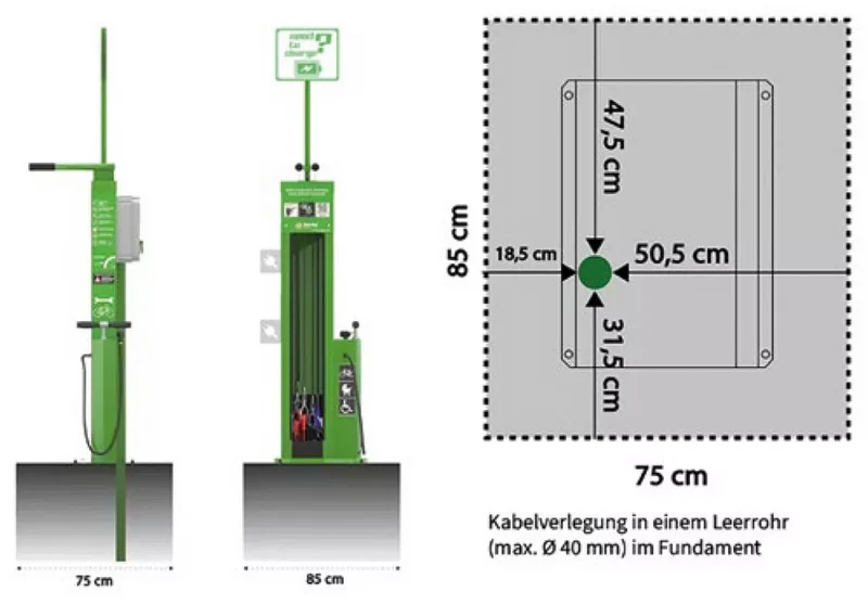 Fahrrad-Reparaturstation mit Kabelset A, pulverbeschichteter verzinkter Stahl in RAL 7016 (antrazit), metallverstärkter Schlauch und Pumpenkopf