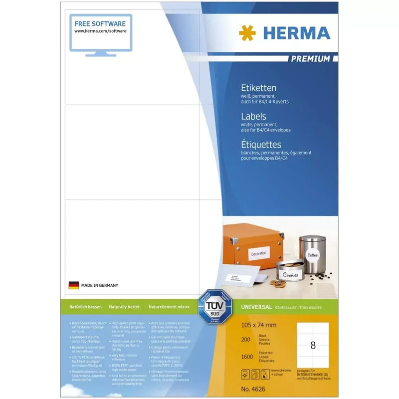 4626 Etiketten Premium A4, weiß 105x74 mm Papier matt 1600 St.