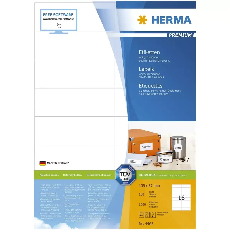 4462 Etiketten Premium A4, weiß 105x37 mm Papier matt 1600 St.