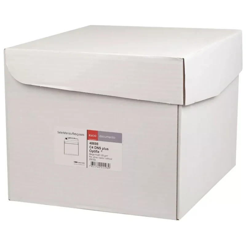 Faltentasche Office Box mit Deckel - C4, weiß, 20 mm Falte, haftklebend, ohne Fenster, 120 g/qm, 200 Stück