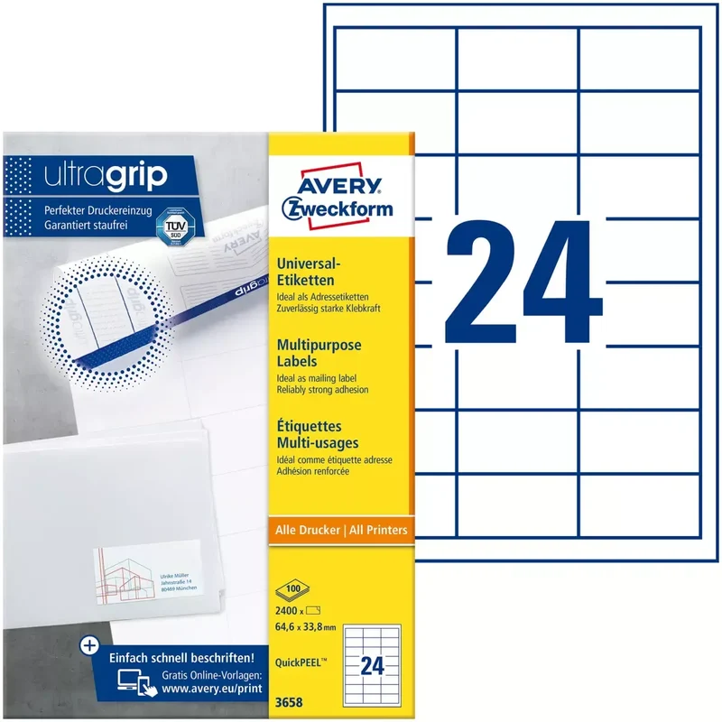 3658 Universal-Etiketten ultragrip - 64,6 x 33,8 mm, weiß, 2.400 Etiketten, permanent