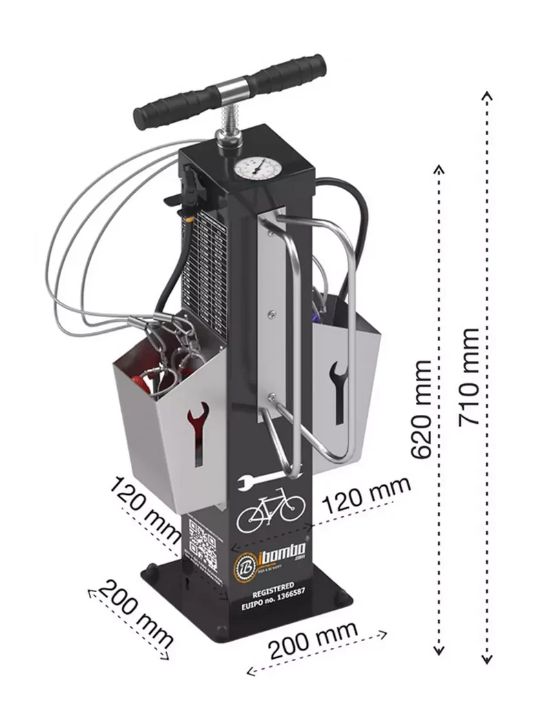 Fahrrad-Reparaturstation MINI inkl. Handpumpe, Br.320 x H.710 x T.330 mm, Verzinkt mit Pulverbeschichtung