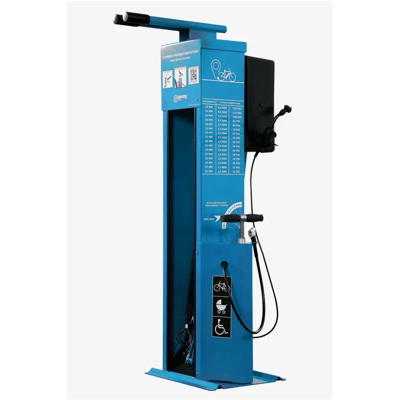 Fahrrad-Reparaturstation mit Kabelset C, Edelstahl, pulverbeschichtet in RAL 5015 (blau), metallverstärkter Schlauch und Pumpenkopf