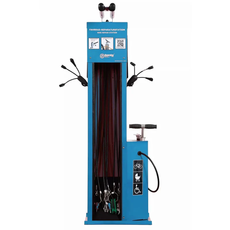 Fahrrad-Reparaturstation mit Kabelset A, Edelstahl, pulverbeschichtet in RAL 5015 (blau), metallverstärkter Schlauch und Pumpenkopf