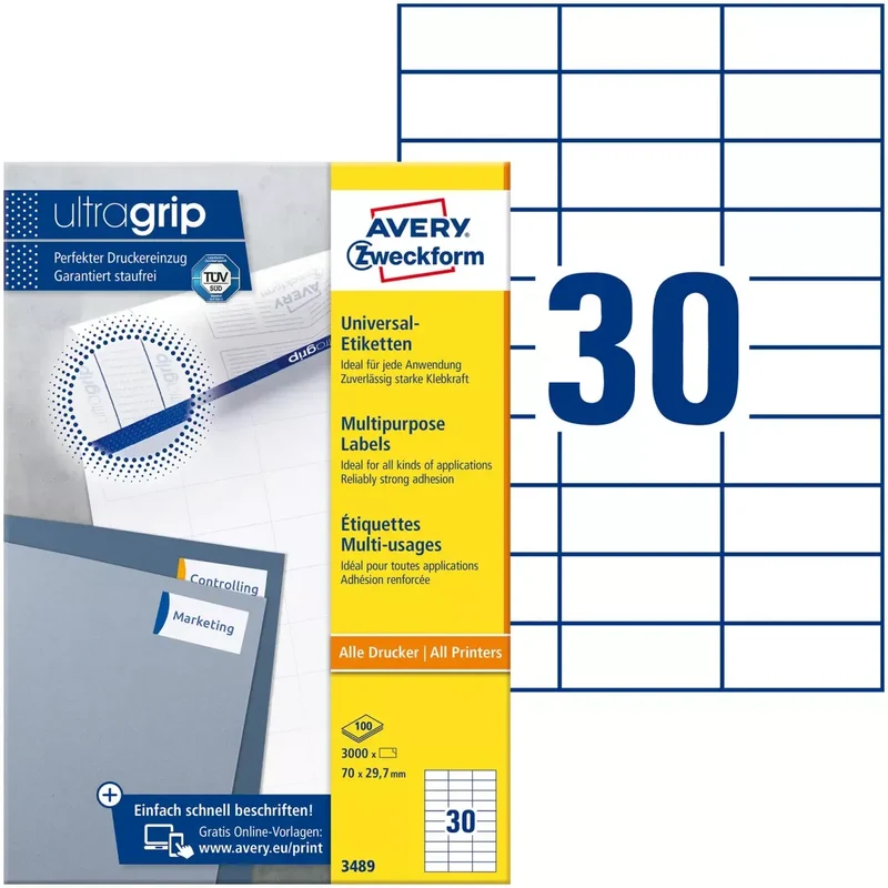 3489 Universal-Etiketten ultragrip - 70 x 29,7 mm, weiß, 3.000 Etiketten, permanent