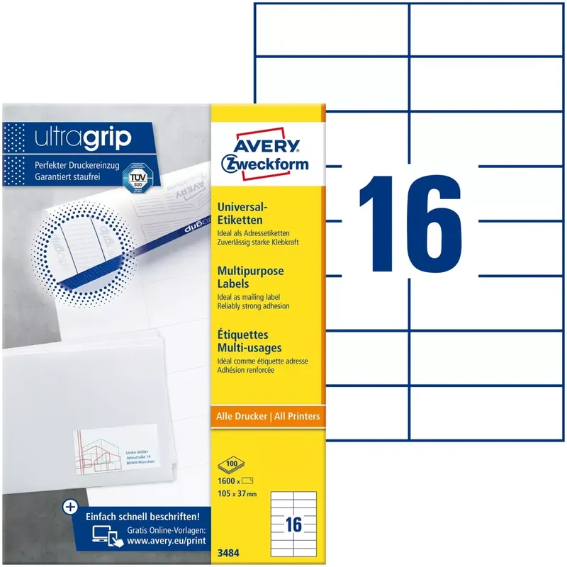 3484 Universal-Etiketten ultragrip - 105 x 37 mm, weiß, 1.600 Etiketten, permanent