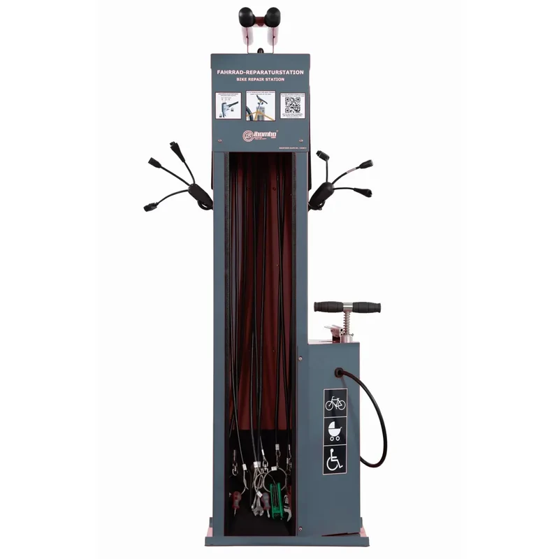 Fahrrad-Reparaturstation mit Kabelset A, verzinkter Stahl, thermoplast beschichtet in RAL 7016 (antrazit), Edelstahl-Pumpenkolben, metallverstärkter Schlauch und Pumpenkopf