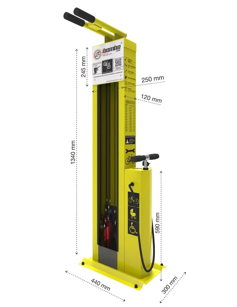 Fahrrad-Reparaturstation inkl. Handpumpe, Br.440 x H.1340 x T.300 mm, Verzinkt mit Thermoplastbeschichtung