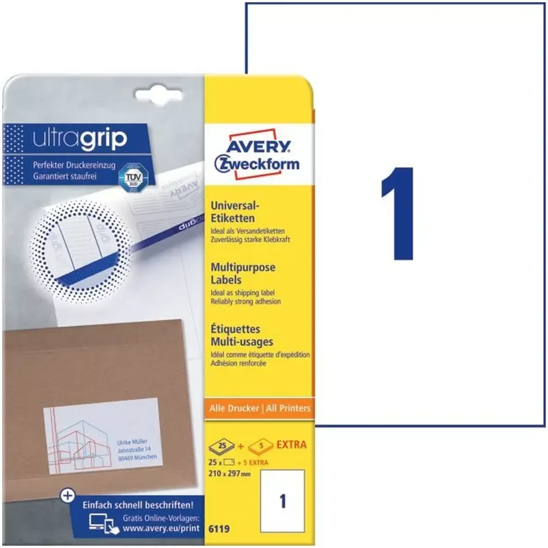 6119 Universal-Etiketten ultragrip - 210 x 297 mm, weiß, 30 Etiketten, permanent