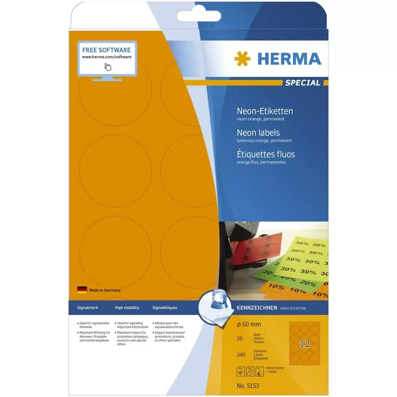 5153 Etiketten A4 neon-orange Ø 60 mm rund Papier matt 240 St.