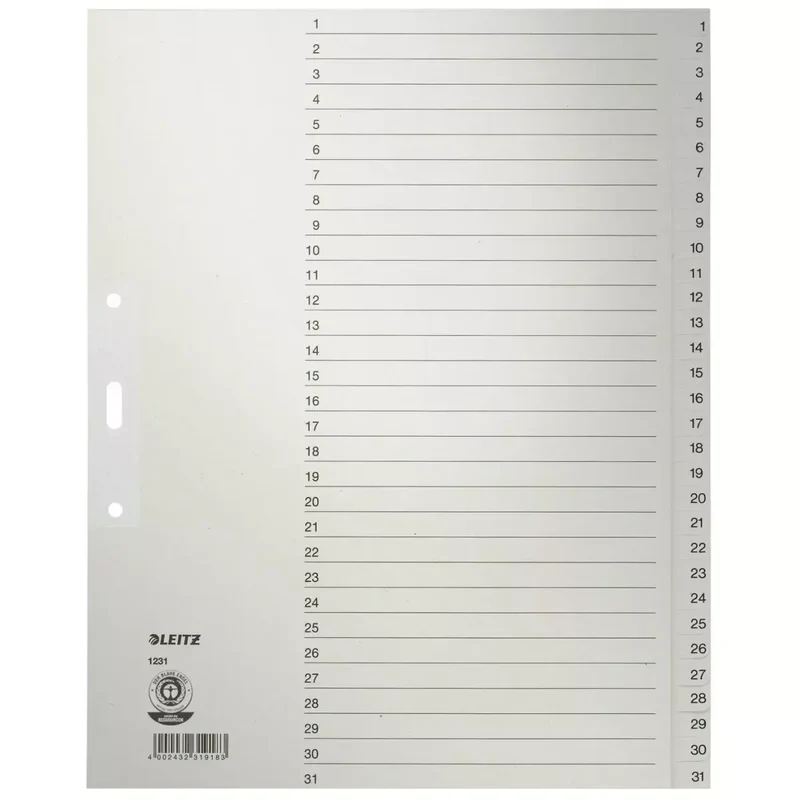 1231 Zahlenregister - 1-31, Papier, A4 Überbreite, 31 Blatt, grau