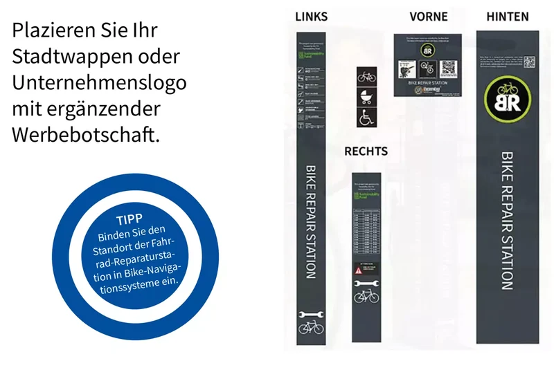 Fahrrad-Reparaturstation mit Kabelset B, pulverbeschichteter verzinkter Stahl in RAL 6005 (grün), Edelstahl-Pumpenkolben