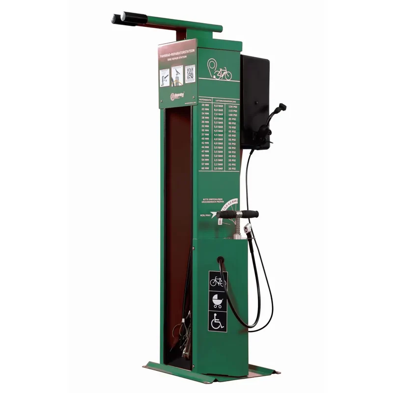Fahrrad-Reparaturstation mit Kabelset A, pulverbeschichteter verzinkter Stahl in RAL 6005 (grün), Edelstahl-Pumpenkolben