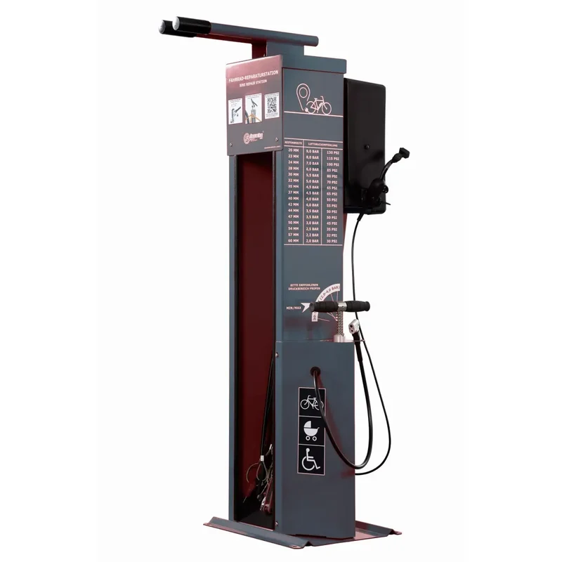 Fahrrad-Reparaturstation mit Kabelset C, Edelstahl, pulverbeschichtet in RAL 7016 (antrazit), Edelstahl-Pumpenkolben, metallverstärkter Schlauch und Pumpenkopf
