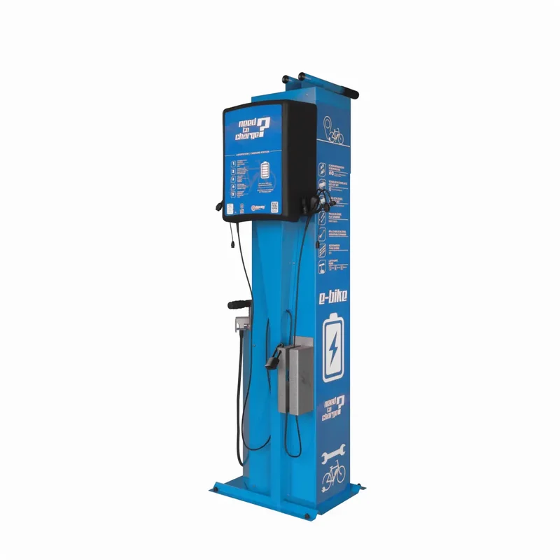 Fahrrad-Reparaturstation mit Kabelset B, pulverbeschichteter verzinkter Stahl in RAL 5015 (blau), Edelstahl-Pumpenkolben
