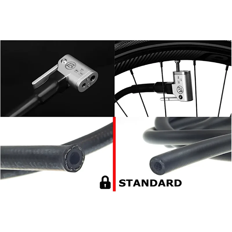 Fahrrad-Reparaturstation mit Kabelset A, Edelstahl, pulverbeschichtet in RAL 6005 (grün), Edelstahl-Pumpenkolben, metallverstärkter Schlauch und Pumpenkopf