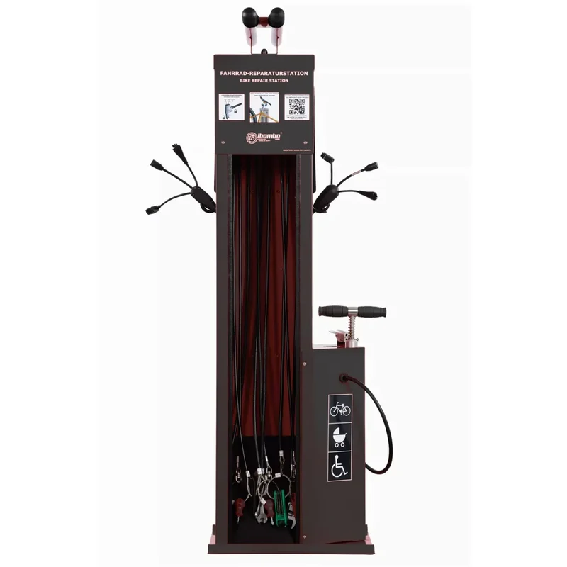 Fahrrad-Reparaturstation mit Kabelset B, Edelstahl, pulverbeschichtet in RAL 9005 (schwarz), Edelstahl-Pumpenkolben