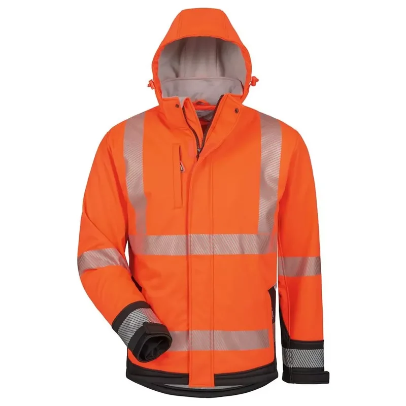 Warnschutz-Softshelljacke Lukas mit Kapuze, Farbe fluo-orange/schwarz, Gr. 2XL