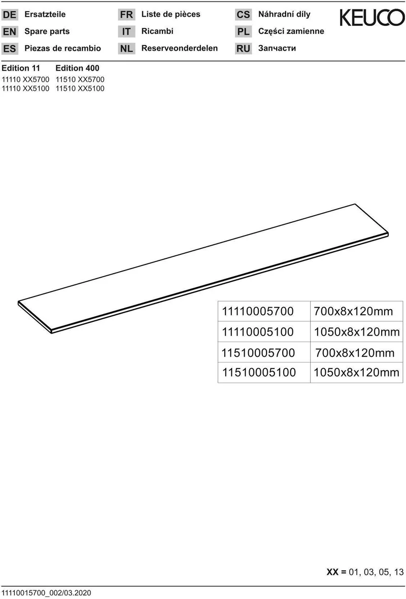 KEUCO Cristallinglas-Platte EDITION 11 ESG lose 1050x120x8 mm – Klare Ablegeplatte